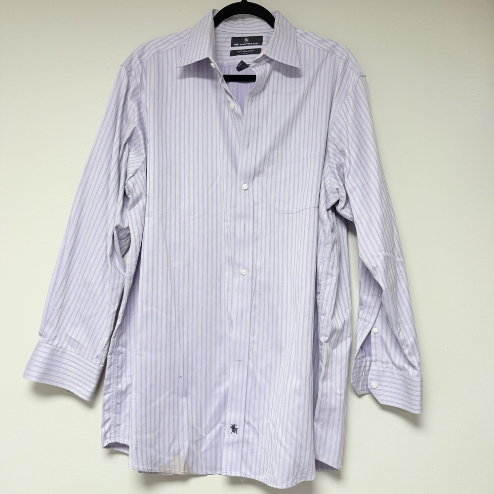 Hart Schaffner Marx Dress Shirt Mens 17 34 Lavender Striped Good Pima Cotton